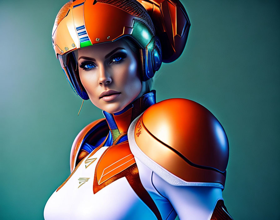 Futuristic female character in orange helmet and sleek suit