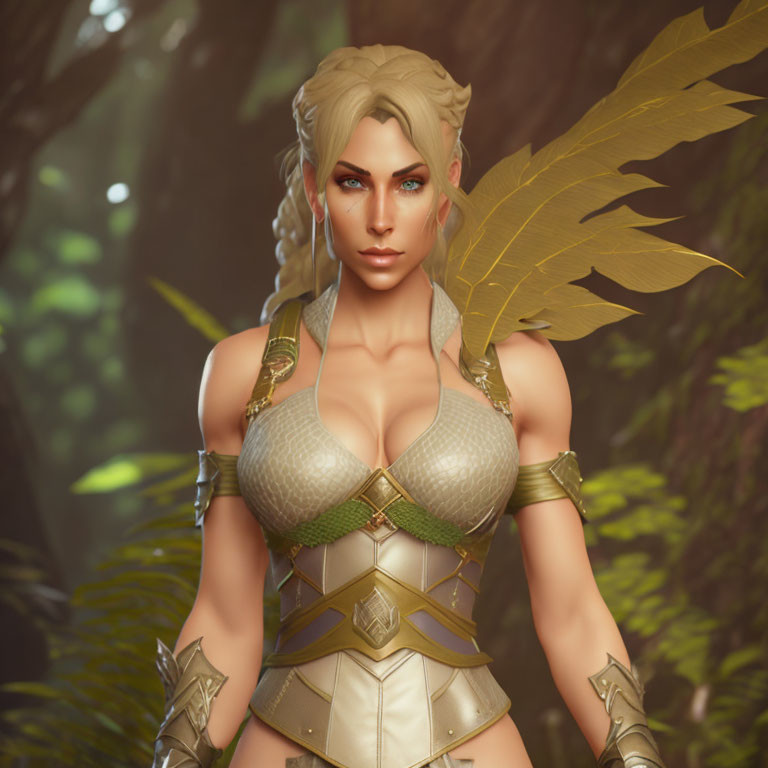 Female warrior in golden armor with wing-like head adornments in 3D render