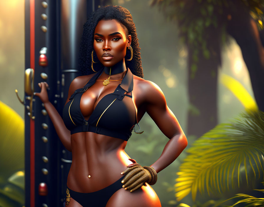 Dark-skinned woman in black outfit with gold accessories confidently posed in tropical setting.