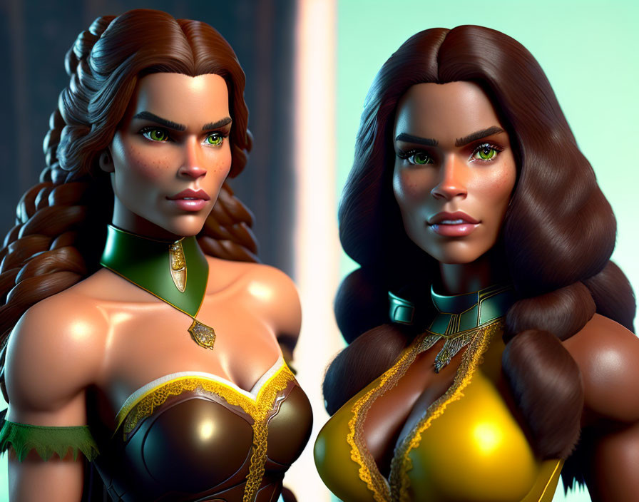 Digital art: Two female characters with tanned skin, green eyes, and unique hairstyles in gold and