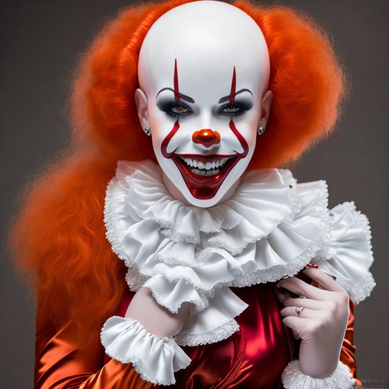 Clown makeup with red hair and white collar on grey background