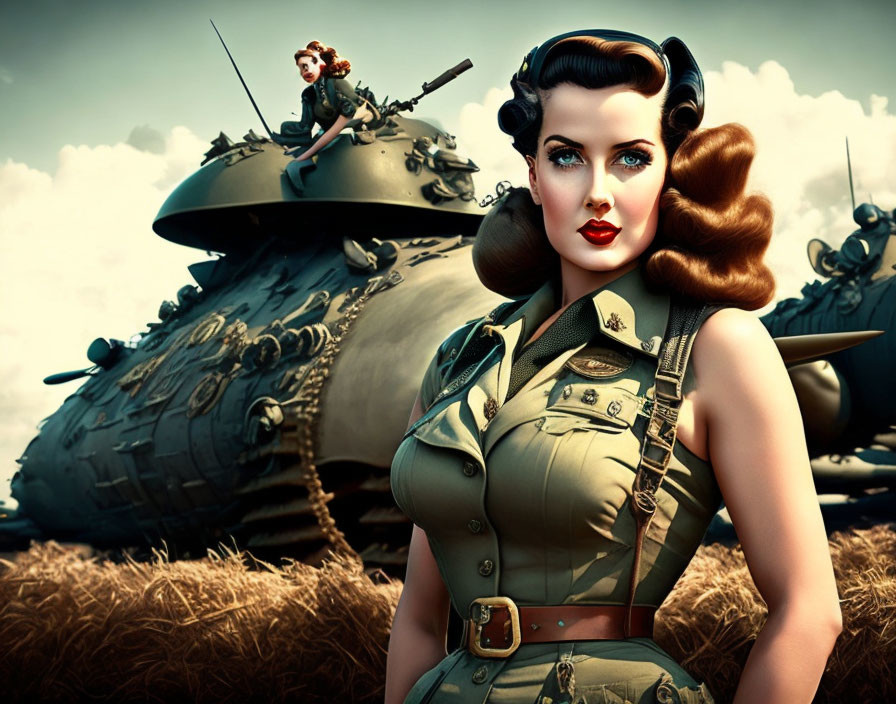 Vintage portrait of two women in military attire on a tank, one posing confidently under a dramatic sky