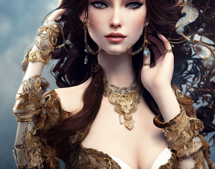 Intricate digital artwork featuring a woman with golden jewelry, flowing hair, and a blue background