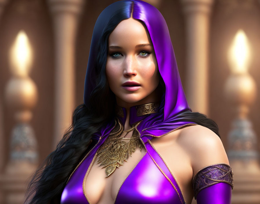 3D rendering of woman in purple cloak with candles and arches