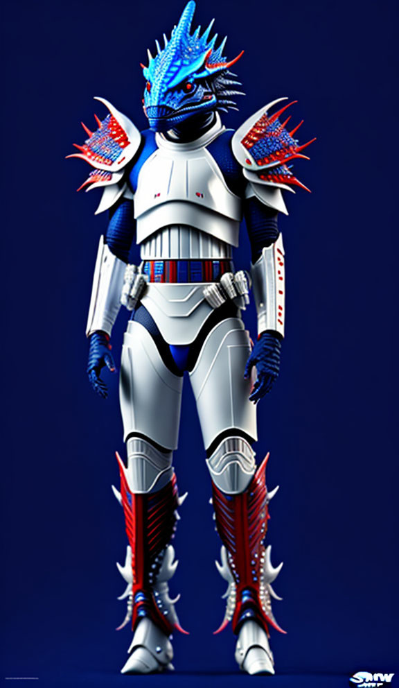 Stylized digital illustration of humanoid character in silver and blue armor