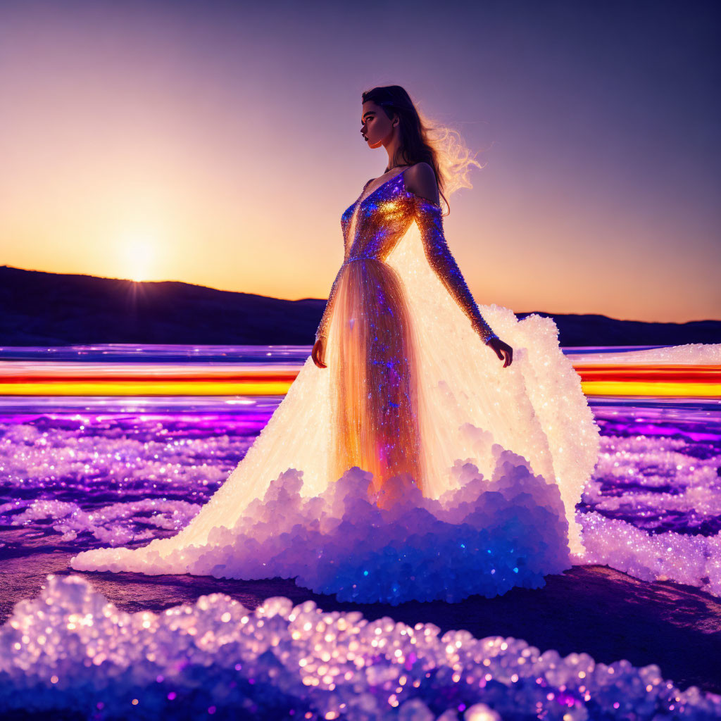 Golden-Dressed Woman on Icy Surface at Sunset