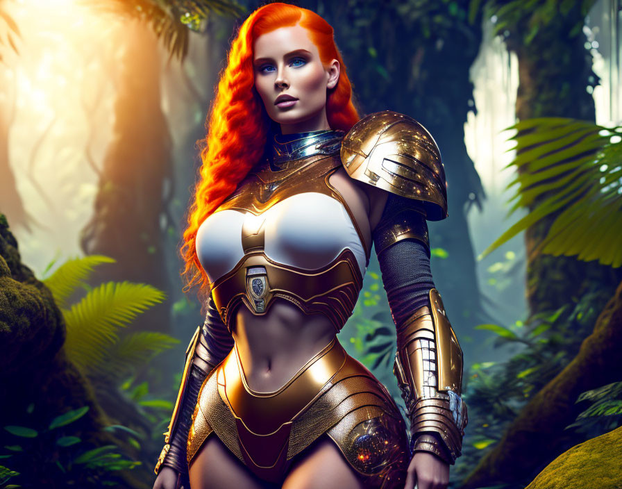 Red-Haired Female Warrior in Gold Armor in Lush Jungle