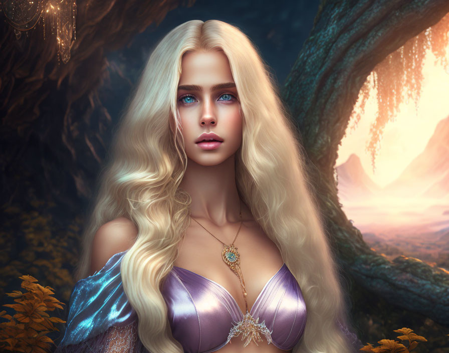 Blonde Woman in Purple Dress in Enchanted Forest Artwork