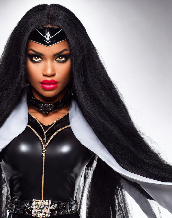 Person in black superhero costume with headpiece, long hair, red lipstick, and dramatic cape