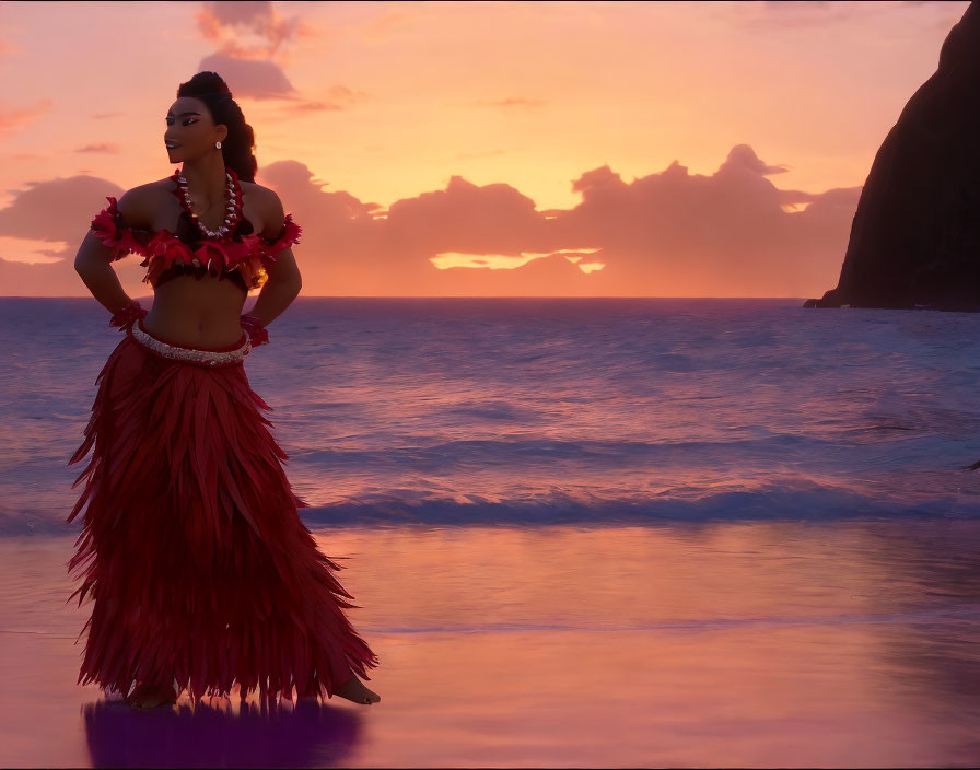 Traditional Polynesian dancer in red attire on beach at sunset