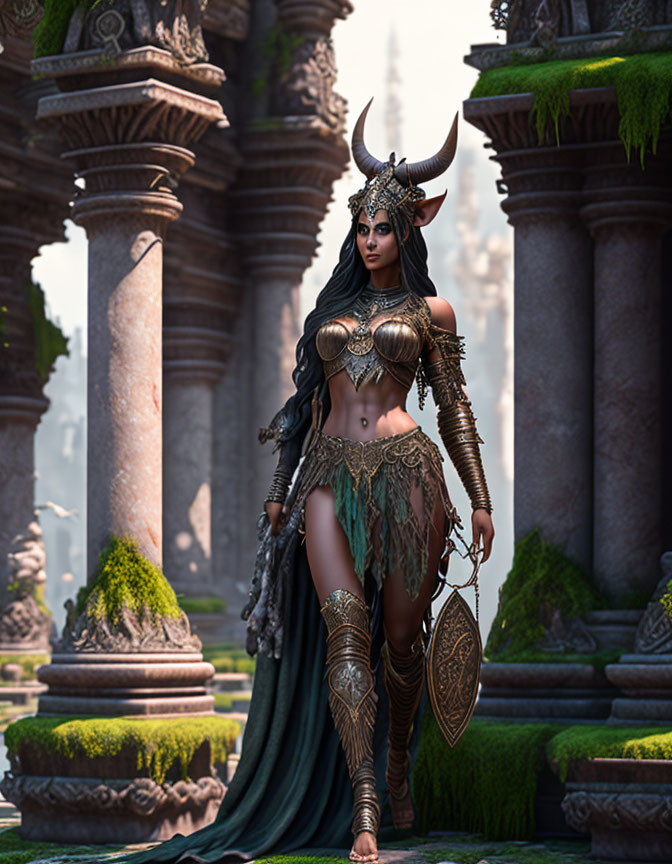 Fantasy warrior woman in horned helmet and bronze armor in ancient temple.