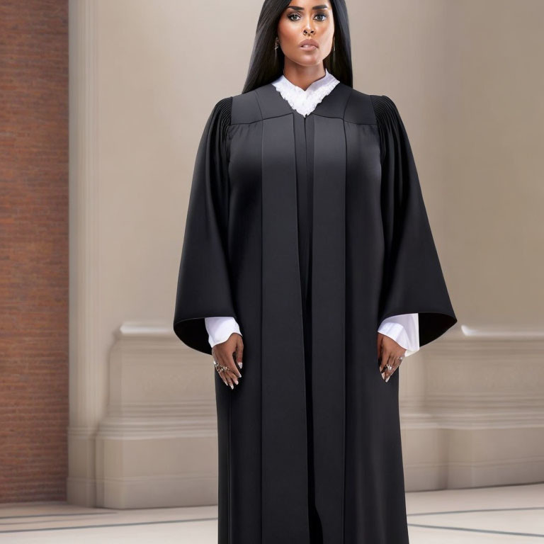 Confident woman in black judge's robe in courtroom