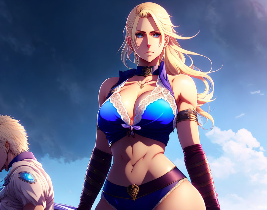 Blonde woman in blue top with male figure in anime image