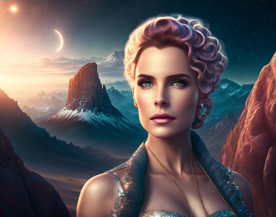 Digital artwork: Woman with pink hair and elaborate earrings in fantastical desert landscape at twilight