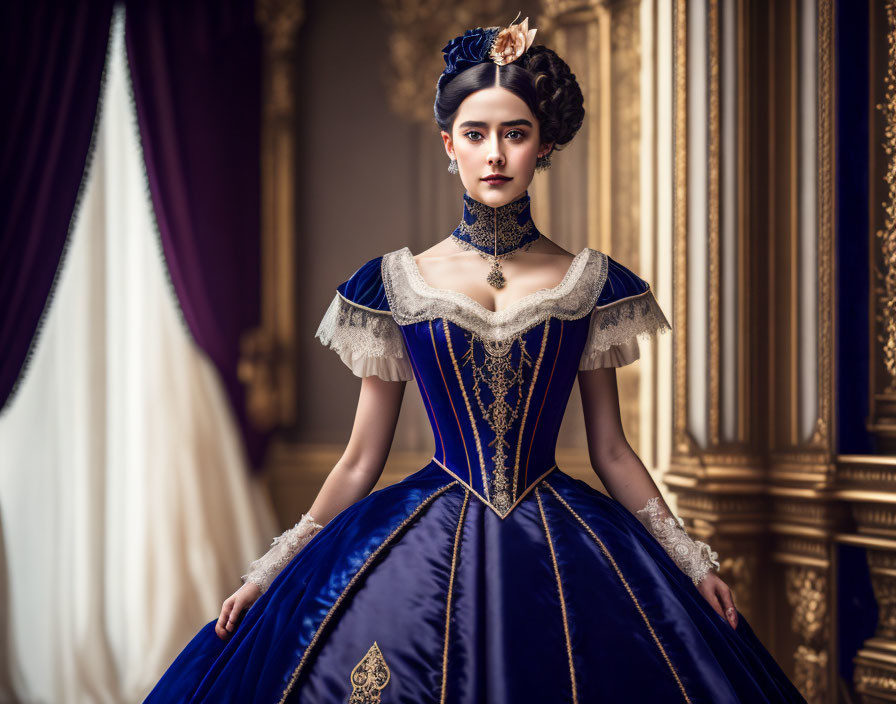 Victorian-style woman in blue dress in opulent room