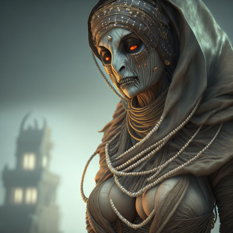 Mysterious figure in draped fabrics with intricate gold piercings and misty castle.