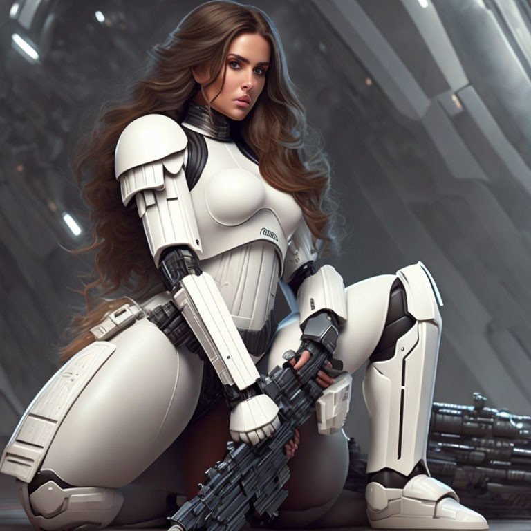 Female cyborg with long brown hair in white armor holding futuristic gun in high-tech corridor.