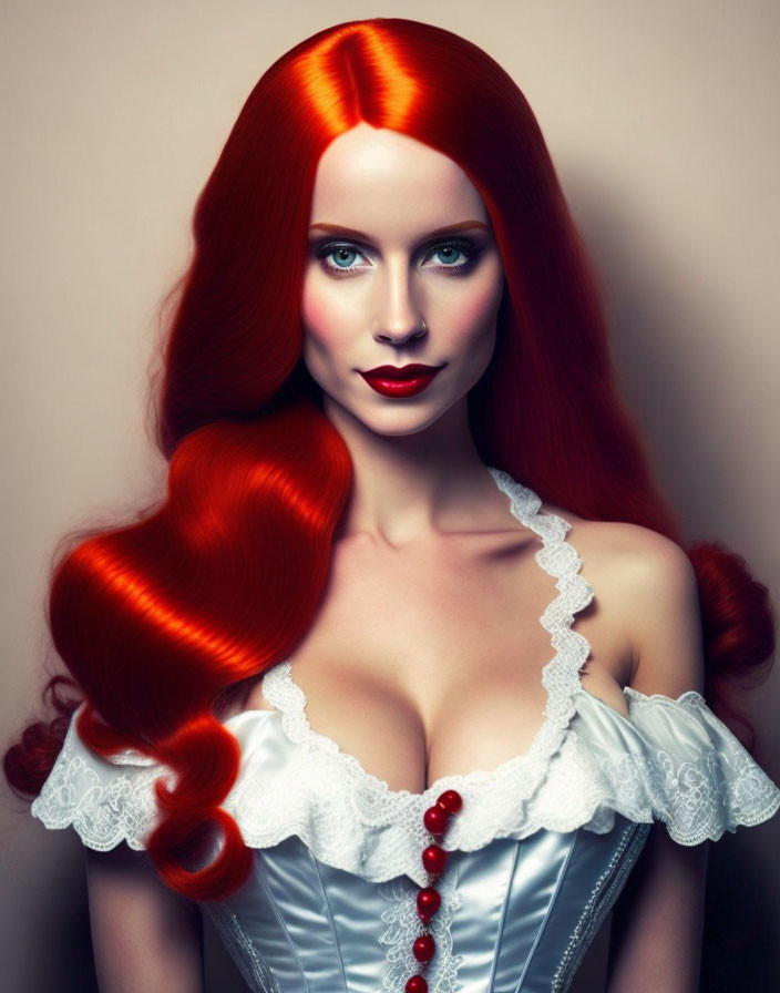 Vibrant red-haired woman in white outfit with ruffled neckline