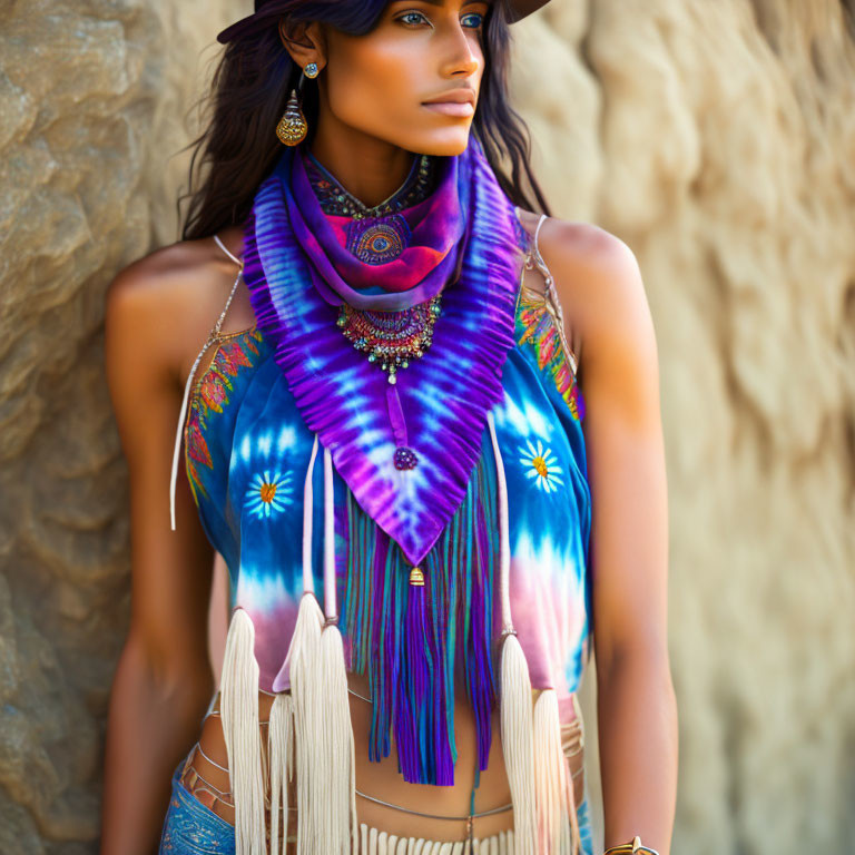 Vibrant tie-dye scarf and bohemian jewelry on woman against rocky backdrop