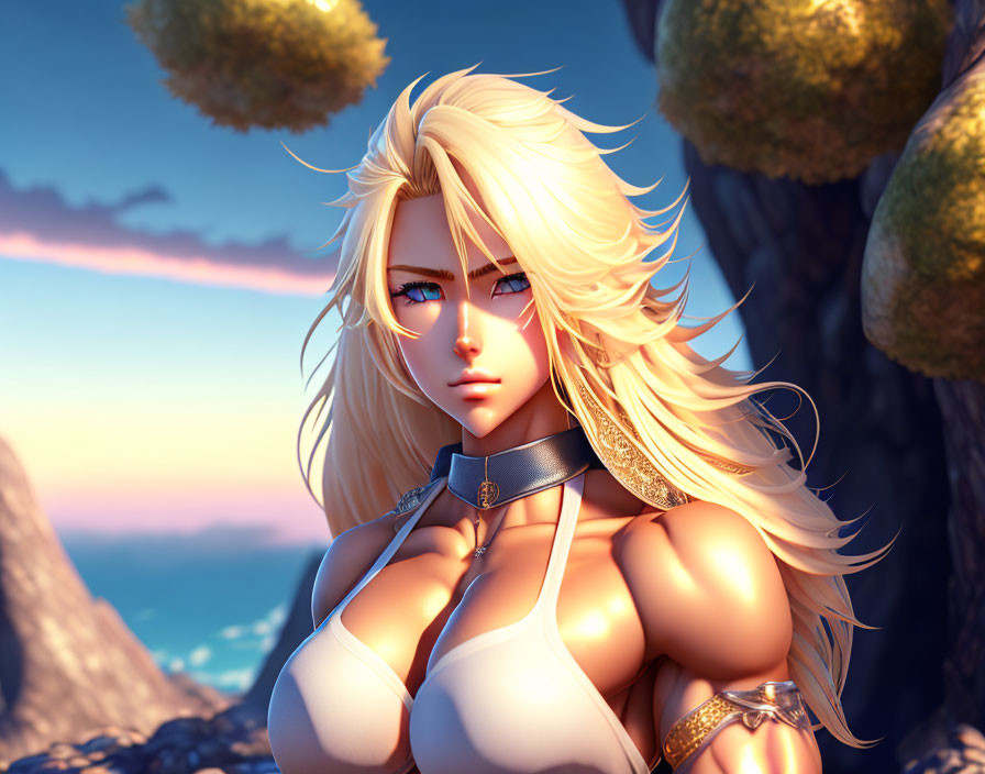 Blonde animated female character with serious expression against sunset skies and rocky cliffs