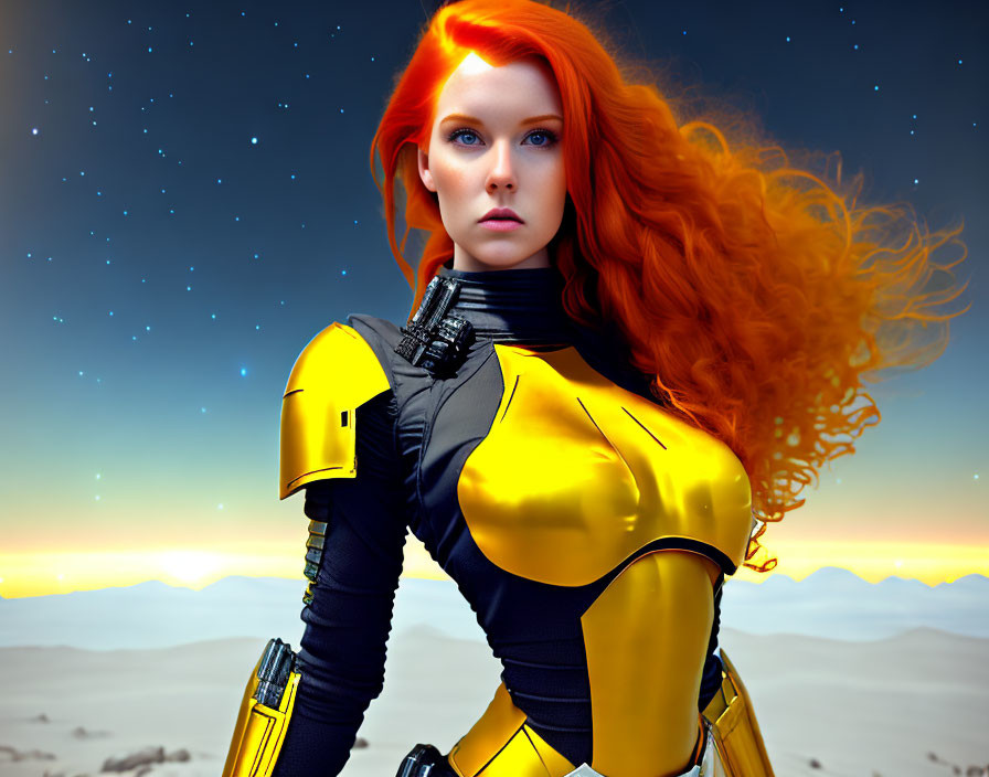 Vibrant red-haired female character in futuristic suit on desert landscape