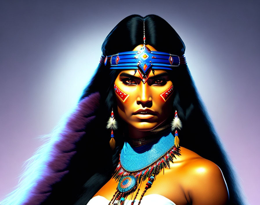 Portrait of a woman with Native American headdress and face paint on purple background