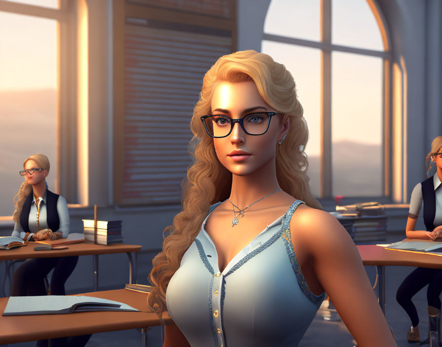 Blonde woman with glasses in blue dress in classroom scene