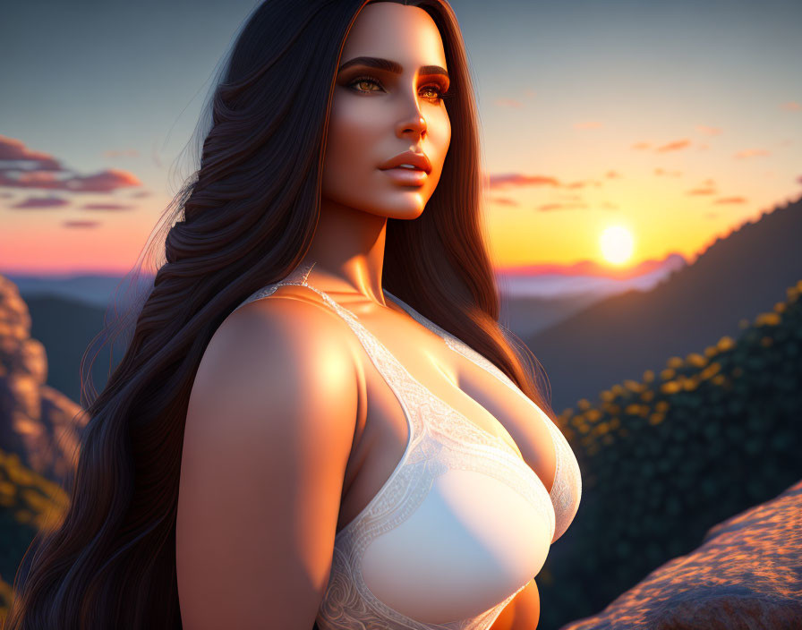 Woman with long hair gazing at sunset with mountains and forests