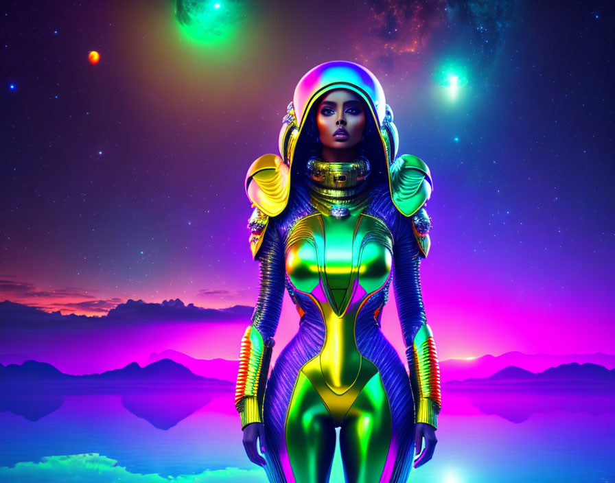 Colorful sci-fi portrait of woman in futuristic suit with cosmic backdrop