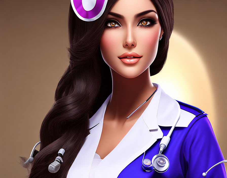 Animated Female Nurse Digital Artwork in Purple and White Uniform