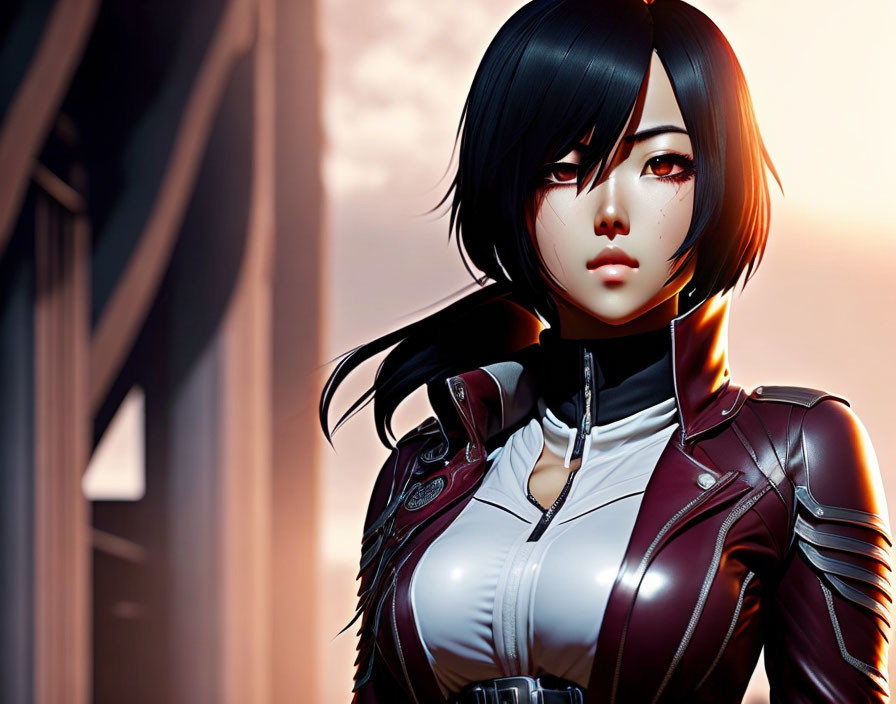 Black-haired female character in futuristic red and white bodysuit on orange background