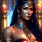 Golden-armored woman with dark hair in regal setting.