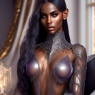 Fantasy digital art of dark-skinned female in elaborate metallic armor