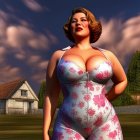 Digital illustration: Voluptuous woman in floral dress with farmhouse at sunset