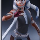 Digital artwork of female character with white and orange facial markings, large head-tails, and futuristic armor