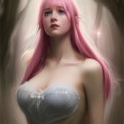 Fantasy elf with pink hair in mystical forest setting