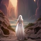 Woman in white gown gazes at mystical mountain landscape with fog and birds