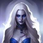 Fantasy female character with white hair, blue eyes, pointed ears, and elven features in silver