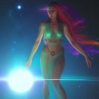 Digital artwork: Woman with flowing hair, glowing dress, holding radiant sphere against starry cosmic background