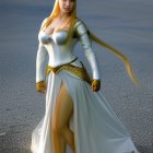 Regal woman in white and gold fantasy gown on misty beach.