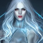 Digital portrait of woman with pale skin, blue eyes, white hair, and intricate blue outfit