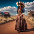 Cowboy hat woman in Western attire on dusty road with old buildings.