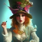 Colorful woman with orange hair, green hat, and teacup