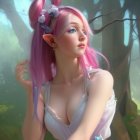 Digital artwork of a female elf with pink hair in misty forest.