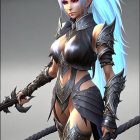 Female character with blue hair in fantasy armor wielding spiked weapon