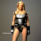 Confident superhero in silver and black costume with shoulder armor holding a mallet on grey backdrop