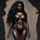 Stylized 3D illustration: Dark-skinned female in black and gold bikini