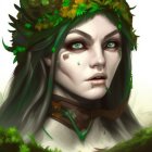 Detailed Illustration: Female Elf with Green Eyes, Leafy Headgear, and Forest Jewelry