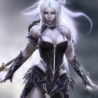 Fantasy female warrior with white hair, pointed ears, dark armor, dual swords