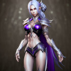 Female fantasy character in silver armor, purple cape, white hair.